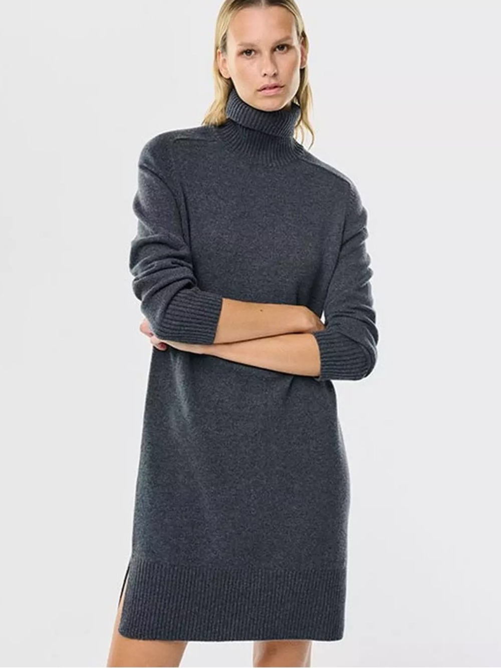 ECOALF Thea Turtleneck Sweater Mini Dress Slit 100% Wool - Dark Gray size MEDIUM